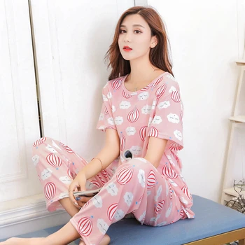 

2020 Spring Summer New Fashionable Pajamas For Women Thin Cotton Short Sleeve 2 Pcs Pyjamas For Girl Comfortable Sleepwear