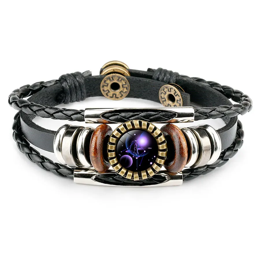 12 Constellation Zodiac Sign Black Braided Leather Bracelet Cancer Leo Virgo Libra Woven Glass Dome Jewelry Punk Men Bracelet