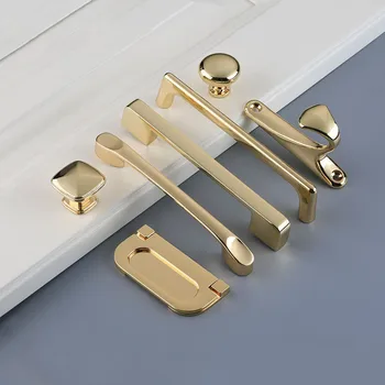 European Simple Light Luxury Bright Gold Kitchen Cabinet Door Handles Zinc Alloy Drawer Pulls Wardrobe Handle Hardware