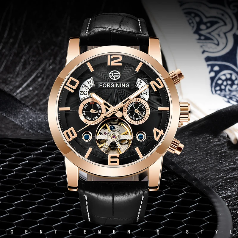 Forsining Черный подлинный ремень Tourbillion Роскошный розовый золотой чехол для мужчин бизнес автоматические часы лучший бренд Роскошные Механические часы