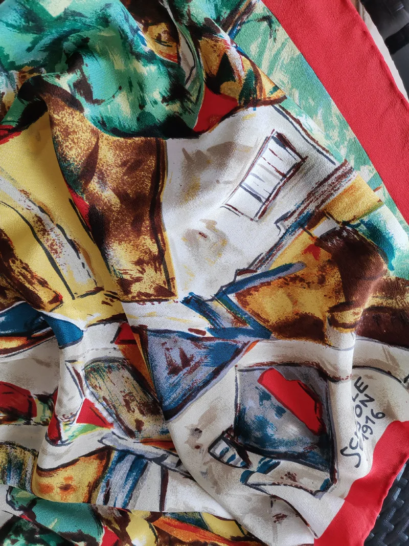 mulberry silk square scarves for women village painting crepe satin plain scarf lady soft light bandana luxury high quality