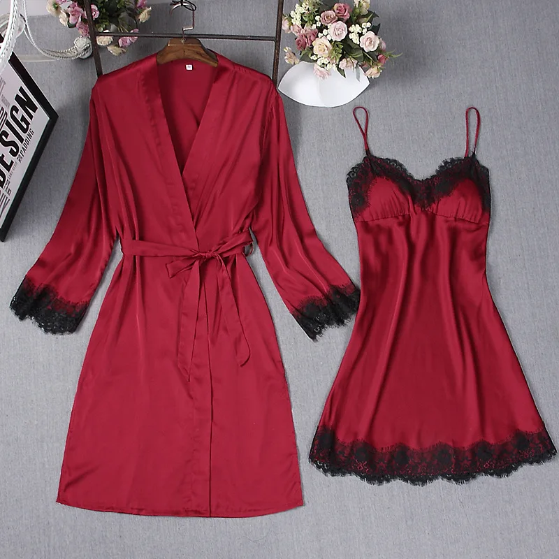 Dark Red Sexy Sleep Robe Kimono Sleepwear Sets Womens 2pcs Strap Top Suit Casual Spring Home Wear Pajamas Nightwear Bath Gown | Женская