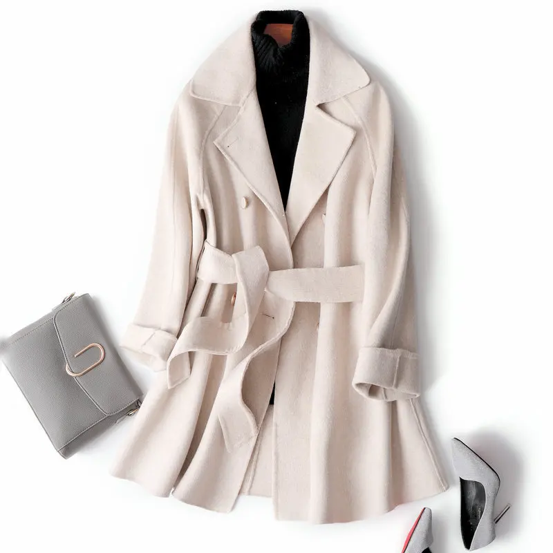 

100% Wool double sided cashmere overcoat women's mid autumn 2019 Korean version belt wool coat loose and versatile V-neck collar
