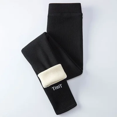 ELIfashion, теплые женские зимние леггинсы с искусственным пухом ягненка, длина по щиколотку, сохраняющие тепло, одноцветные женские леггинсы с высокой талией - Цвет: black