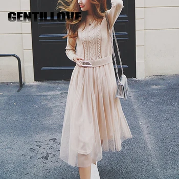 

Spring Winter Elegant Ladies Long Sleeve Women Dress O-Neck Lady Office Knitted Sleeveless Dress Patchwork Mesh Knitted Sweater