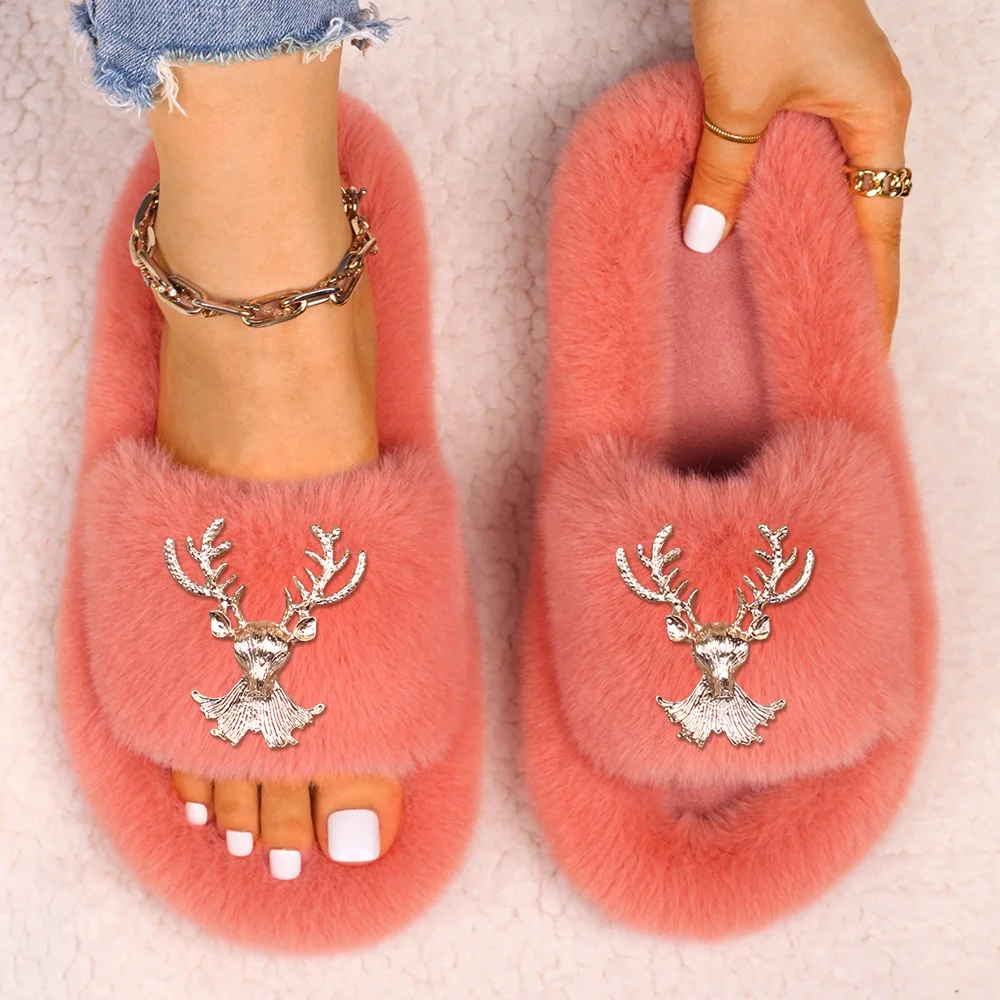 Women Furry Slippers Luxury Metal Deer Head Faux Fur Slides Fluffy Flip Flop Flat Outdoor Sandals Fashion Slippers Female Shoes