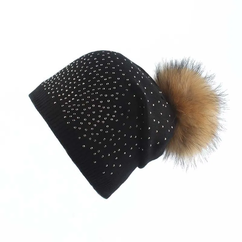 

Women's Winter Hats Rhinestone Skullies Beanies For Ladies Big Real Raccoon Fur Pompom Hat Cashmere Wool Knitted Beanie Cap