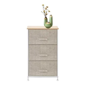 

3-Tier Dresser Drawer Storage Unit with 3 Easy Pull Fabric Drawers and Metal Frame Wooden Tabletop Grey