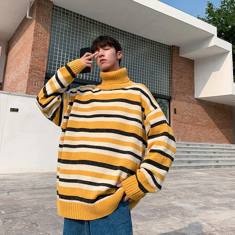 Winter High Collar Sweater Men Warm Fashion Sweter Contrast Color Casual Striped Knit Sweaters Man Long Sleeve Pullover Men Winter High Collar Sweater Men Warm Fashion Sweter Contrast Color Casual Striped Knit Sweaters Man Long Sleeve Pullover Men