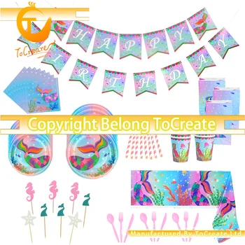 

= Mermaid Theme Party Baby Birthday Party Decoration Hanging Flag Knife and Fork Paper Cup Winter Wonderland Decorations