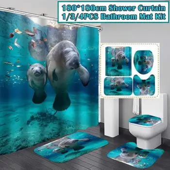 

4pcs Ocean Sea Animal Polyester Waterproof Bathroom Shower Curtain Pedestal Rug Lid Toilet Cover Bath Mat Set with 12 Hooks