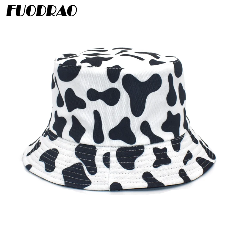 FUODRAO New Fashion Pink Panama Reversible Black White Cow Pattern Bucket Hats Fisherman Caps For Women Gorras Summer M111