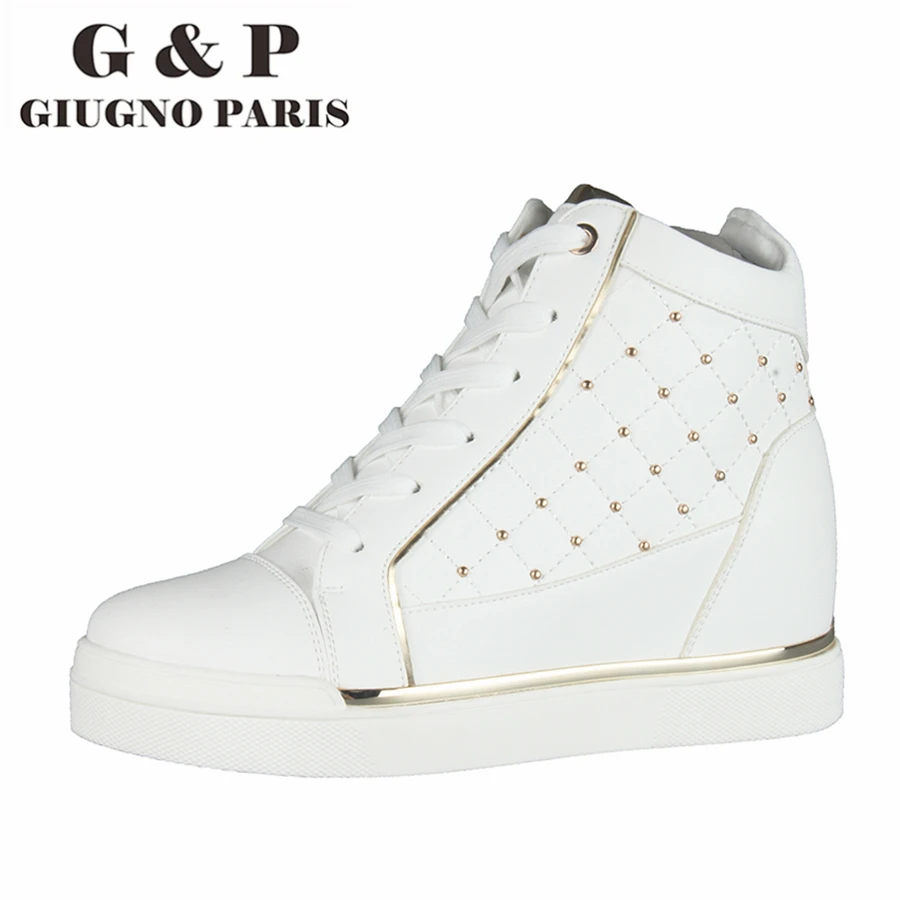 Bild von White wedge sneakers fashion high top sneakers platform women shoes rivets height increasing high heel 6 cm shoes leather insole