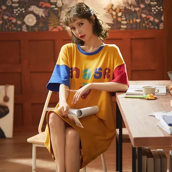 

2020 summer large size M-2XL cute cartoon sexy women's nightdress short sleeve 100% cotton nightdress female casual nightdress