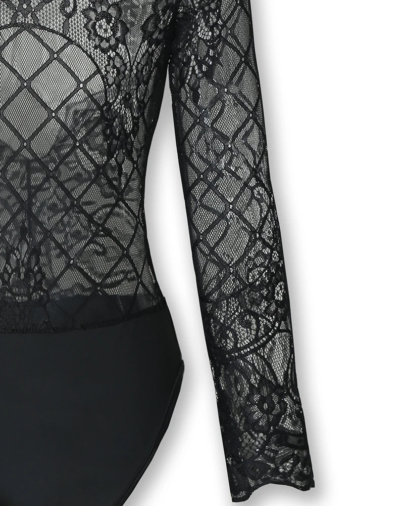 Women Summer Sheer Eyelash Lace Long Sleeve Bodysuit Female Sexy Balck Lace Basic Bodysuit Lady Slim Fit Bodycon Playsuit mesh bodysuit