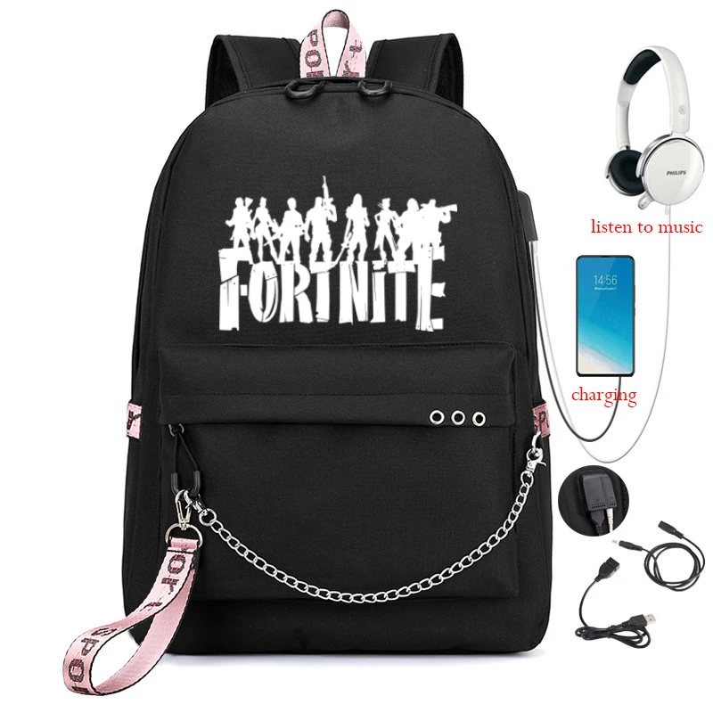Fortnite-Mochila multifunción de lona con carga USB para estudiantes, morral escolar para adolescentes, niños y niñas