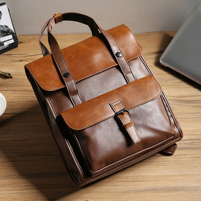 

Retro leather shoulder bag European and American fashion backpack trend male student schoolbag handbag