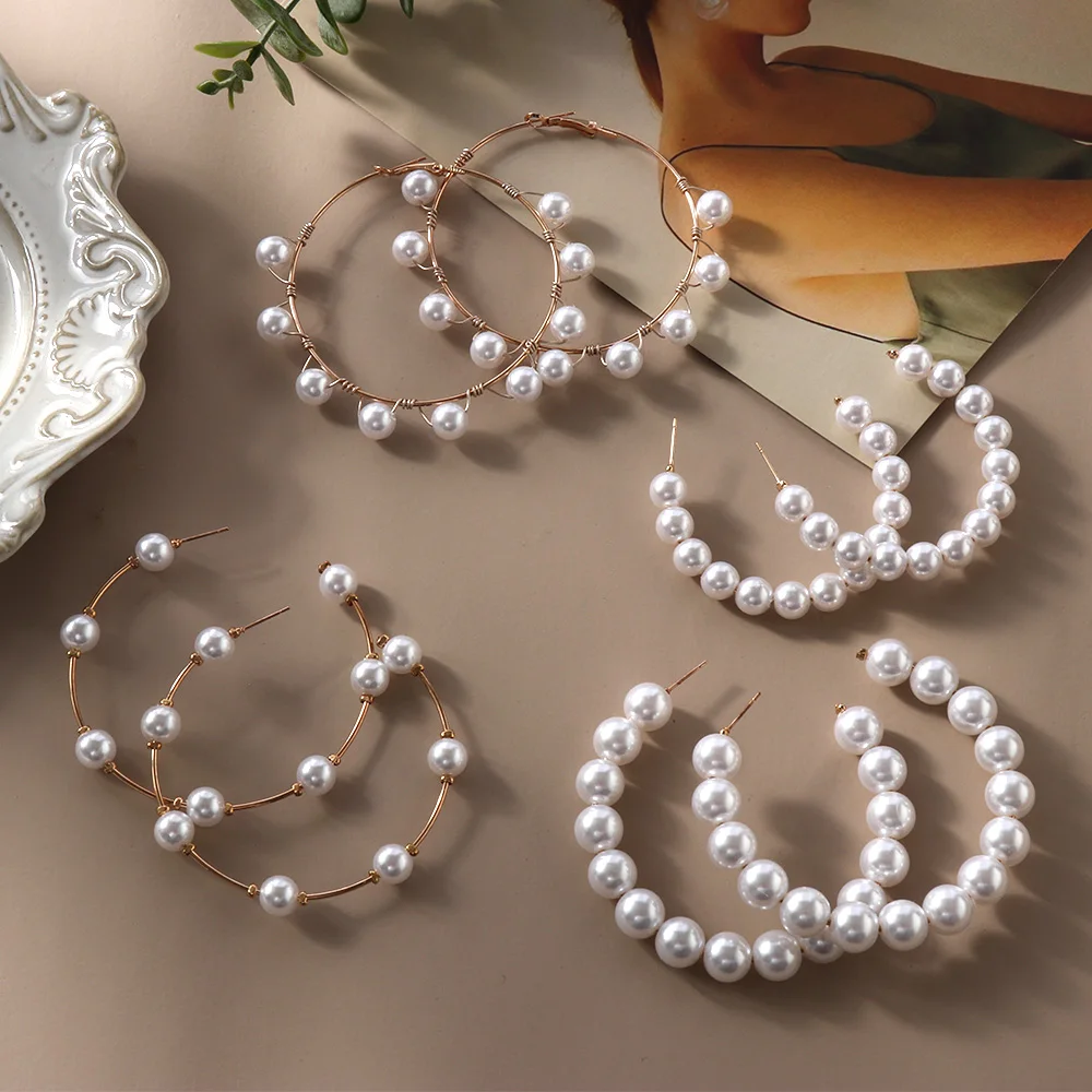 Новая мода белый имитация жемчуга большие круглые серьги-кольца геометрические серьги женские ювелирные изделия для девочек Подарки