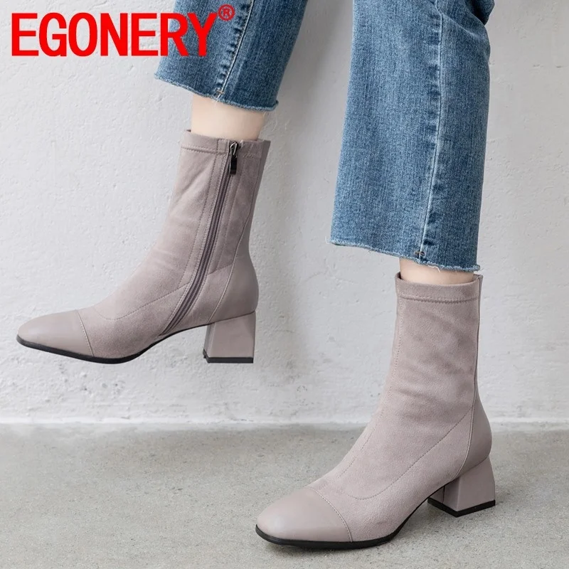 

EGONERY 2019 autumn warm new ankle boots outside high heels square toe zip plus size flock three color women shoes drop shipping
