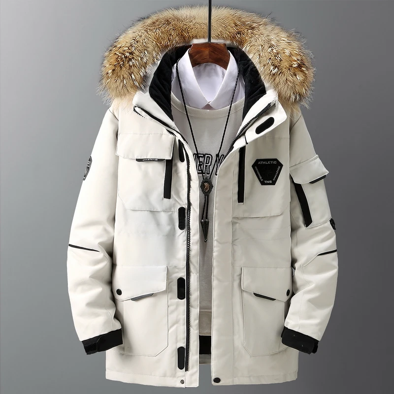 Down-Jackets Overcoat Winter Real-Fur-Collar Snow Parka-30 Mens 90%White-Duck-Down Casual