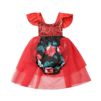 

Princess Toddler Baby Girl Sequins Flowers Bodysuits Christmas Red Sleeveless Tulle Tutu Bodysuits Dress Xmas Clothes 0-24M