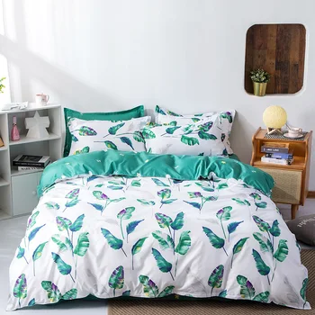 

White color bedding set with green leaves printing and green AB side holidy style comfortable 4pcs bed set pastoral home sheet
