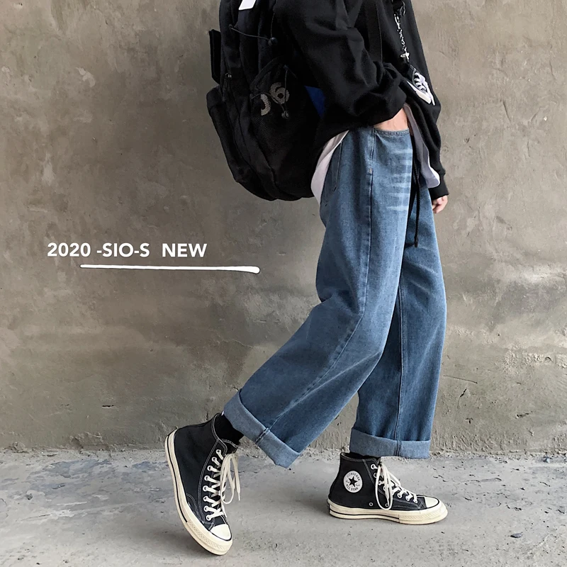 White Street jeans wide leg pants men's straight tube loose Korean fashion ruffian handsome oversize high Street quarter men