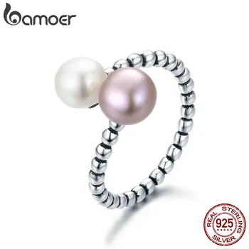 

BAMOER 2018 New 925 Sterling Silver Freshwater Pearl Female Rings for Women Engagement Jewelry Adjustable Ring S925 SCR235