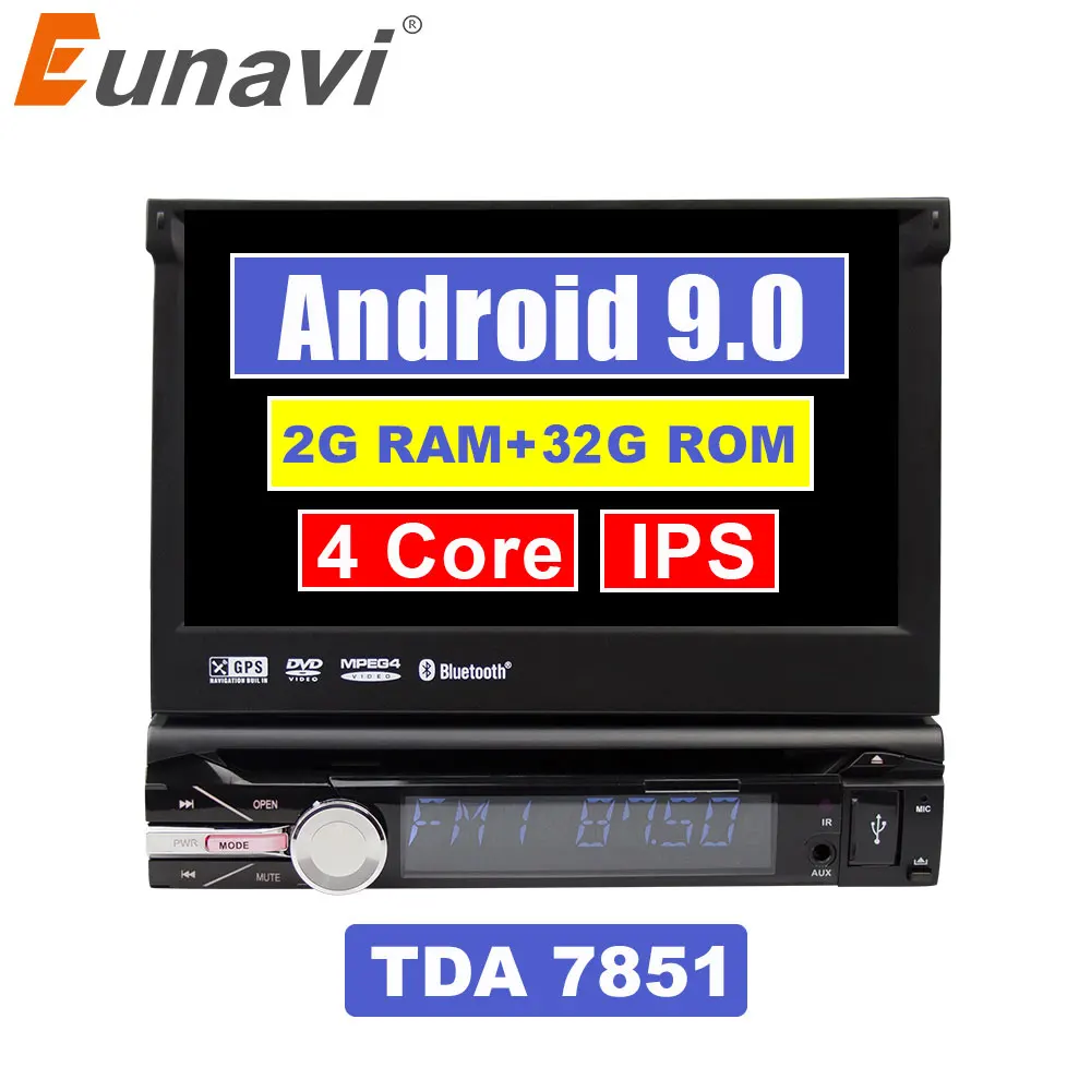 Eunavi Universal 1 din 7'' Android 9.0 car radio dvd player stereo Quad core 1din gps navigation stereo bluetooth wifi rds usb