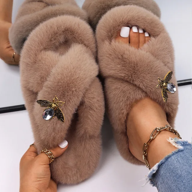 Slippers Women Furry Slides Fashion Rhinestone Letter Fluffy Flip Flops Ladies Winter Slippers Platform Sandals Female Shoes Khaki3