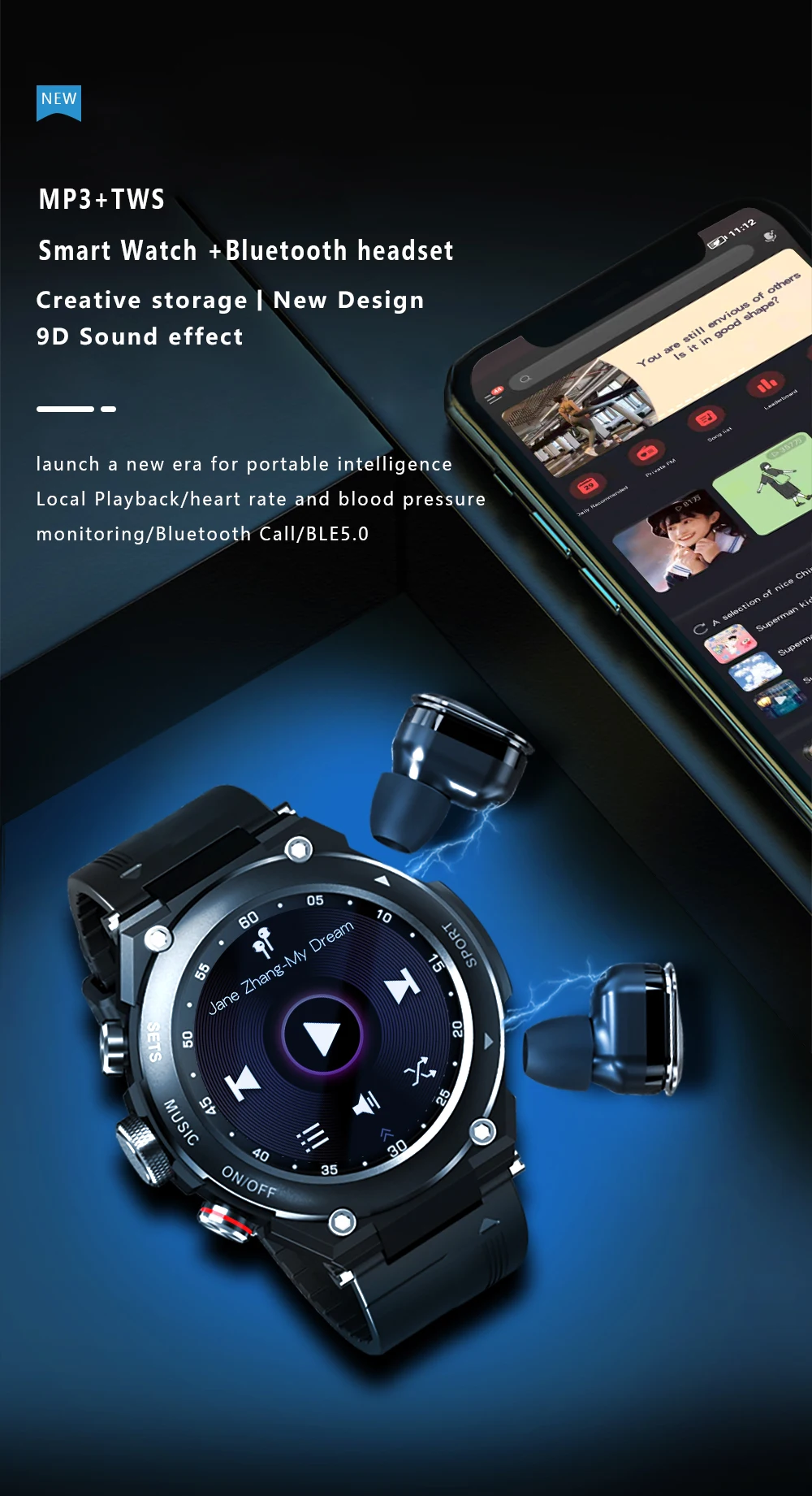 T92 Smart Watch Men 2021 Bluetooth Call Play Music HiFi TWS Earphone Custom Dial Temperature Monitor Smartwatch For Android Ios