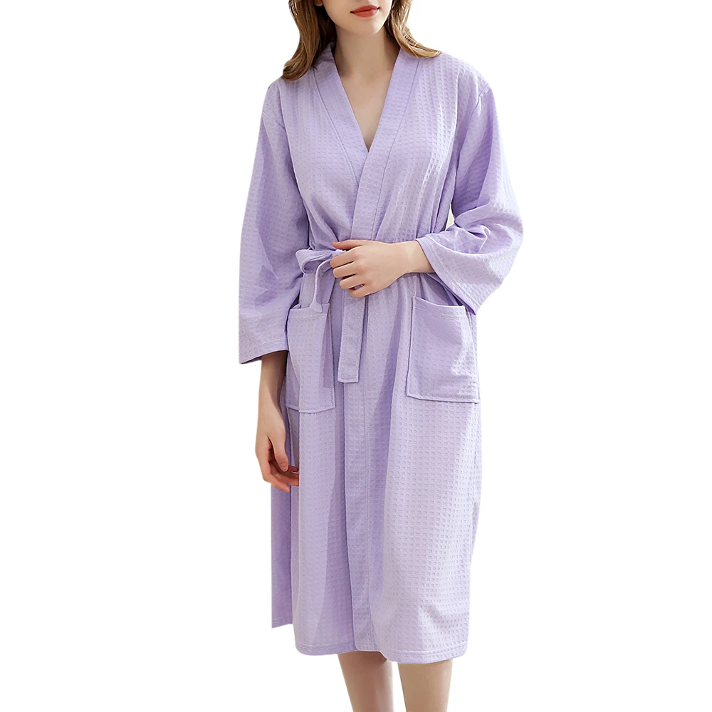 light purple Осеннее платье мягкое Впитывающее ночное белье легкое длинное кимоно вафельный банный халат для женщин купальная одежда яркие цвета верхняя одежда - Цвет: light purple