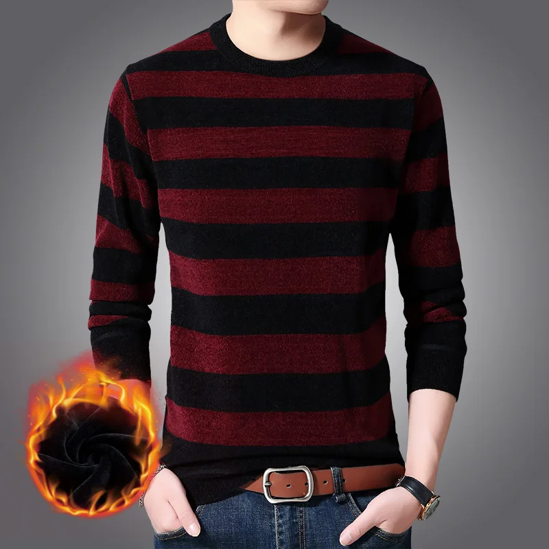 Mens Sweaters 2019 New Velvet Thick Warm Sweater Men's Trend Round Neck Striped Men's Knitted Bottoming Sweaters