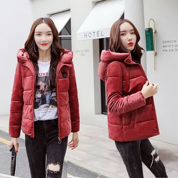 

Winter short jacket for women Velour fabric short parkas coat Casual solid Thick warm soft hooded jacket coat female parka