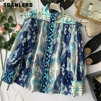 

Chen Mimi French Retro Printed Long Sleeve Single-Breasted Loose-Fit Shirt Women's Blouse Ladies Temperament Tops Femme Blusas