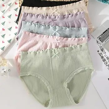 

Womens Sweet Candy Color Seamless Panties Mid Rise Ruffles Lace Trim Underwear Ribbed Knit Striped Bowknot Knickers