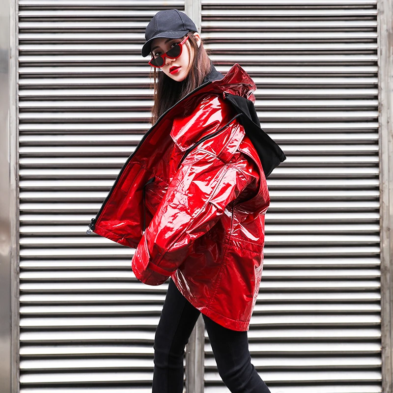 ZURICHOUSE брендовая куртка из лакированной кожи Женская Осенняя Harajuku стильная Глянцевая красная свободная Водонепроницаемая Куртка с капюшоном куртка из искусственной кожи
