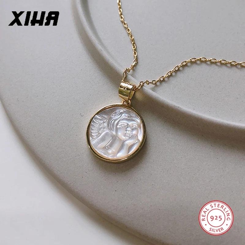 Baby Angel круглые ожерелья из стерлингового серебра 925 для женщин Оболочка золотого цвета ожерелье цепь мода чокер кулон ожерелья