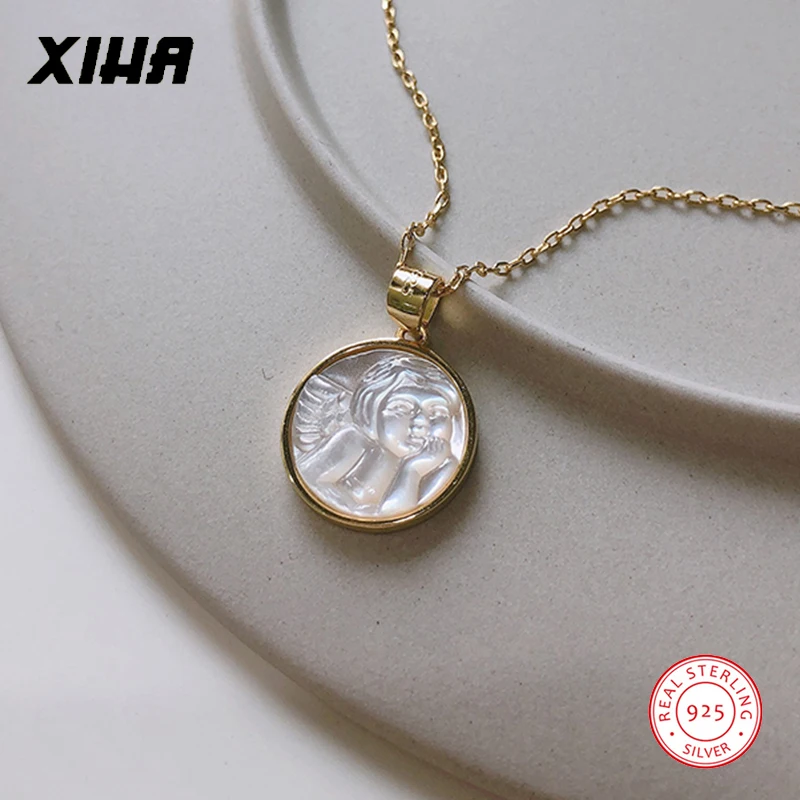 

Baby Angel Round Sterling Silver Necklaces 925 for Women Gold Color Shell Necklace Chain Fashion Choker Pendant Necklaces 2019