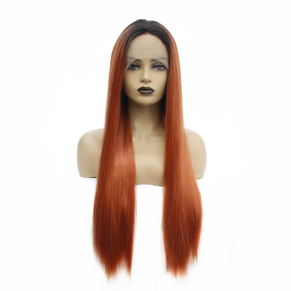 Dark Roots Long Straight Ombre Pink Lace Front Wigs 150% Glueless Synthetic Wigs for Women Heat Resistant Fiber Hair Middle Part