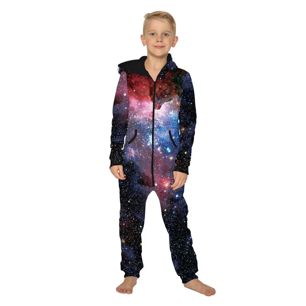 Детская домашняя одежда с принтом космоса, галактики, звезд, унисекс, свободная одежда для сна с капюшоном, на молнии, комбинезоны для девочек, плотные комбинезоны