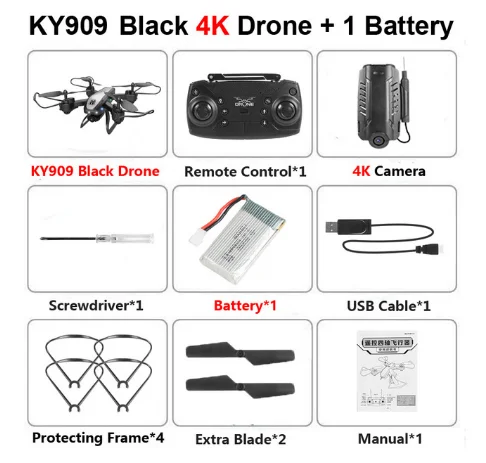 Дрон KY909 HD 4K WiFi видео Live Fpv Дрон светильник с потоком держать высоту четырехосный самолет одна кнопка взлет Дрон с камерой - Цветной: 4K 1B Black