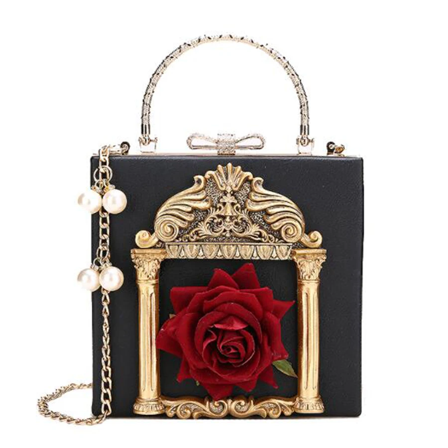 

Baroque Embossed Box Women Handbag Vintage Flower Lady Crossbody Bags Pearl Chain Messenger Luxury Pu Shoulder Bag Small Purses