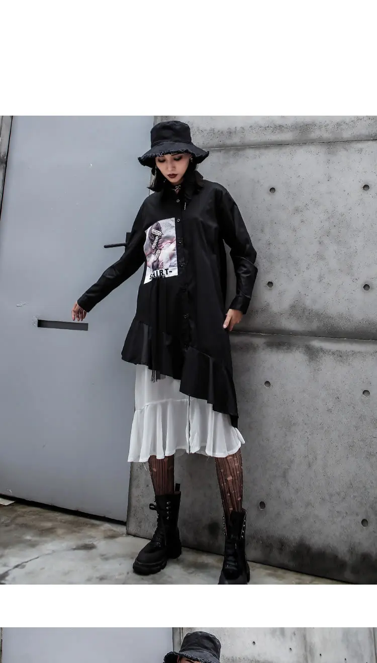 XITAO лоскутное платье с буквенным принтом черного цвета женская одежда модное платье с оборками с отложным воротником осень Новинка ZYQ1952