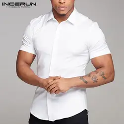INCERUN 2019, повседневная мужская рубашка с коротким рукавом, однотонная, летняя, дышащая, модная, мужская, деловая рубашка, облегающая, топы