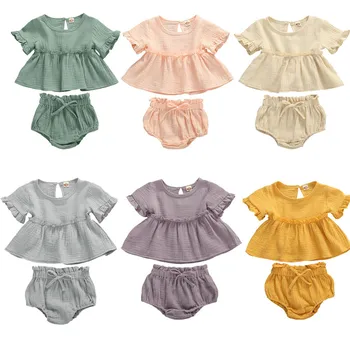 

6 Colors Summr Toddler Newborn Baby Girls Cotton Linen Clothes Ruffles Short Sleeve T Shirts+Shorts 2pcs Infant Clothing Outfits