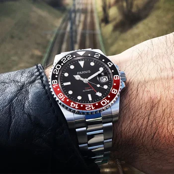 

Casual Parnis 40mm Bezel Mechanical Automatic Men Watches Red GMT Sapphire Crystal Diver Men's Watch saat erkekler Calendar 2019
