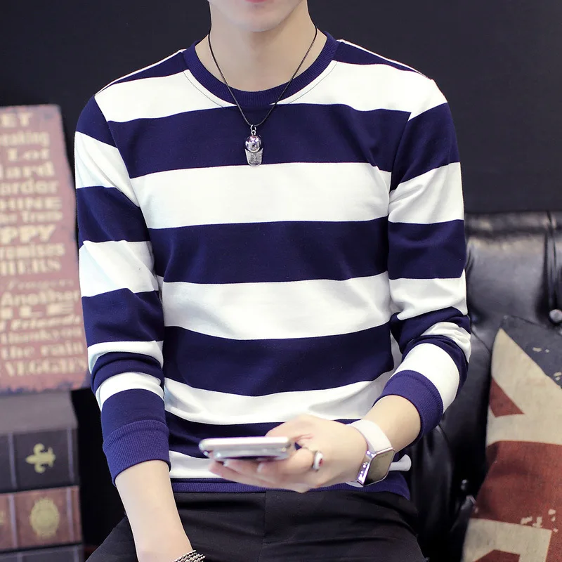 

Men's Long Sleeve T-shirts with Loose Stripes and Round Necks