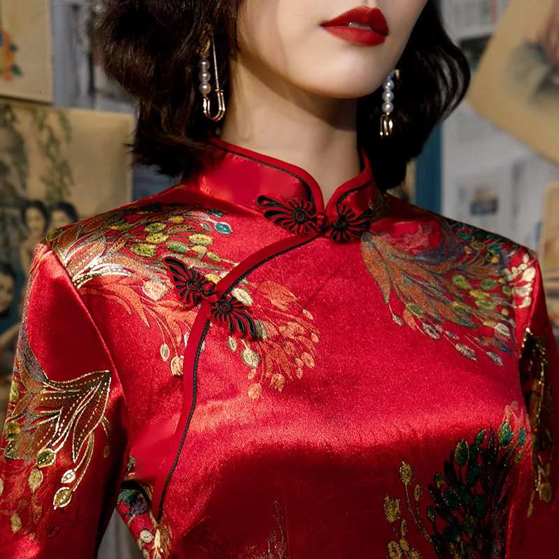 Sheng Coco 5xl плюс Размер Павлин бархат Cheongsam современное платье ретро в китайском стиле длинный рукав женщины китайские свадебные платья