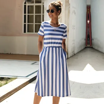 

2020 New Summer Casual Striped Dress Women Office Lady Short Sleeve O-neck Knee-length Dress